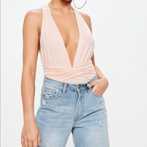 Pink Wrap Halter Neck Bodysuit